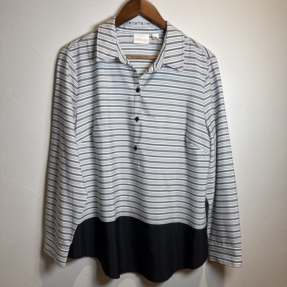 Chico's Striped Block Devin Shirt Blouse Black White Stripes Women's Size Large